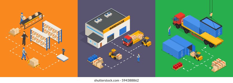 Three square colored compositions on warehouse theme with trucks goods shelves and workers in isometric design vector Illustration