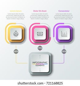 Three square elements connected by lines with main one. Percentage distribution, percent or share indication, statistical information visualization. Infographic design template. Vector illustration.