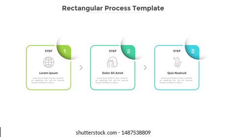 Three Square Elements Placed In Horizontal Row And Connected By Arrows. Diagram Representing 3 Stages Of Business Process. Simple Infographic Design Template. Vector Illustration For Presentation.