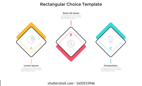 Three square elements placed in horizontal row. Concept of 3 services provided by company to choose. Simple infographic design template. Vector illustration for business information visualization.