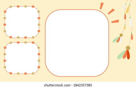 Three square frame background with feathers and dots decoration in bohemian style green, brown and red color vector illustration