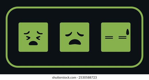 Tres emoji cuadrados de tristeza verde en un marco. Vector sobre un fondo negro