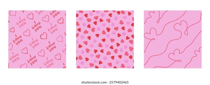 Three square hand-drawn illustrations featuring various St Valentine's thematic backgrounds. Suitable for greeting cards, banner design, and web or internet ads. Hand-drawn vector
