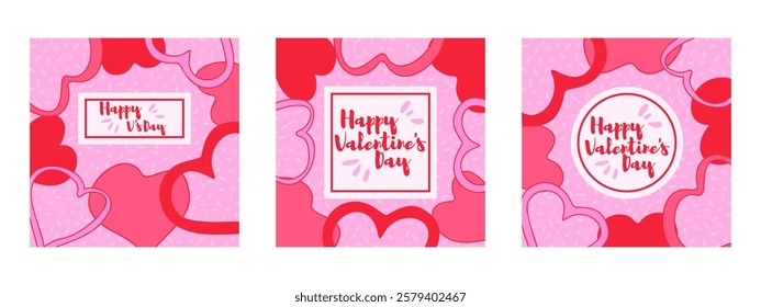 Three square hand-drawn illustrations featuring various St Valentine's thematic elements, each with a text placeholder. Suitable for greeting cards, banner design, and web or internet ads. Hand-drawn