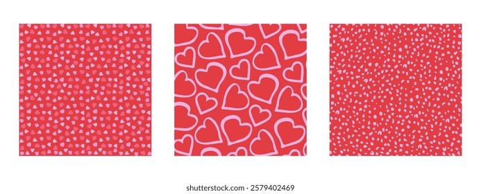 Three square hand-drawn illustrations featuring various St Valentine's thematic backgrounds. Suitable for greeting cards, banner design, and web or internet ads. Hand drawn vector
