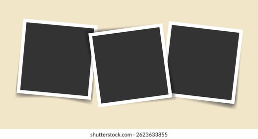 Three square overlapping blank photo frames. Photo image collage template. Isolated vector mockup. Template for album, scrapbooking, gallery design, interior design, social media, memory layout