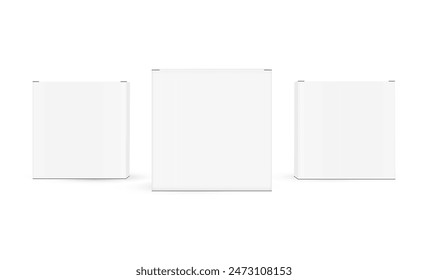 Three Square Packaging Boxes, Front View, Isolated On White Background. Vector Illustration