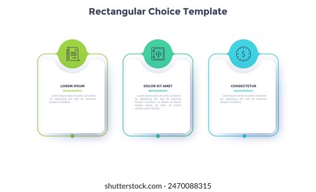 Tres Elementos blancos de papel cuadrado con círculos coloridos colocados en fila Horizontal. Concepto de 3 pasos para el éxito del proyecto empresarial. Plantilla de diseño de infografía moderna. Ilustración vectorial plana simple