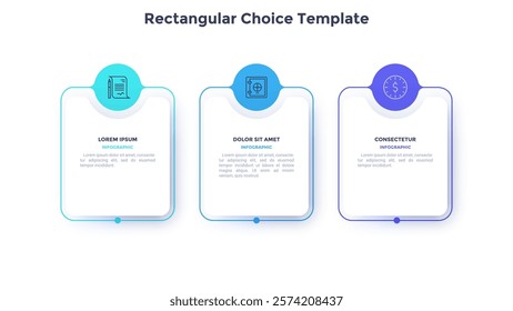 Three square paper white elements with colorful circles placed in horizontal row. Concept of 3 steps to business project success. Modern infographic design template. Simple flat vector illustration