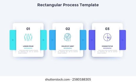 Three square paper white elements placed in horizontal row. Concept of 3 successive steps to business project success. Modern infographic design template. Simple flat vector illustration for banner.