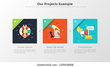 Three square pictures placed into horizontal row, headings and place for text. Concept of 3 corporate work examples presentation. Infographic design layout. Vector illustration for web portfolio.