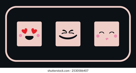 Three square pink positive emoji in a frame. Vector on a black background