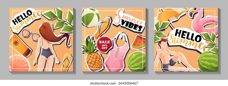 Three square posts in summer sticker style: girl, fruit, swimsuit and lettering like hello summer and summer vibes.
