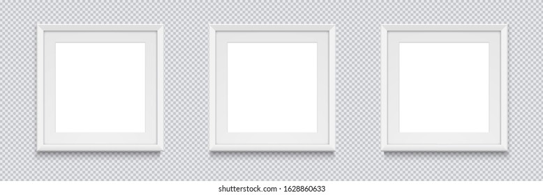 Three square realistic white photo frame isolated on transparent background. Vector illustration.