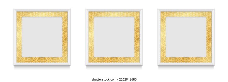 Three square realistic white photo frame with gold ornament isolated on white background. Vector illustration.