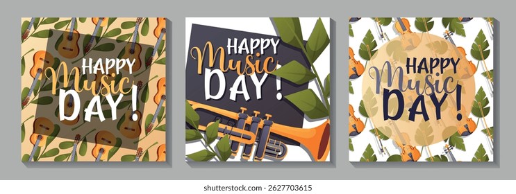 Tres Ilustraciones vectoriales cuadradas con instrumentos musicales y texto del Día de la Música Feliz. Perfecto para tarjetas de felicitación, carteles y publicaciones.
