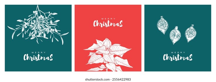 Three square visuals designed for Christmas social media post. Minimalist vector design with beautiful hand written text and line art(outline) mistletoe, poinsettia flower and Christmas balls. 