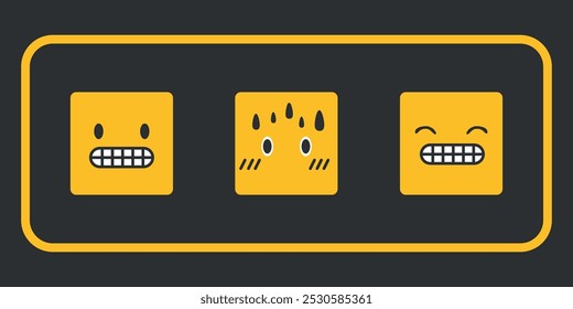 Tres emoticonos tensos amarillos cuadrados en un marco. Vector sobre un fondo negro