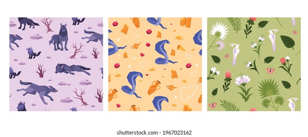 Three squares animal flat pattern with a pack of wolves running a snake guarding the treasure and different flowers vector illustration