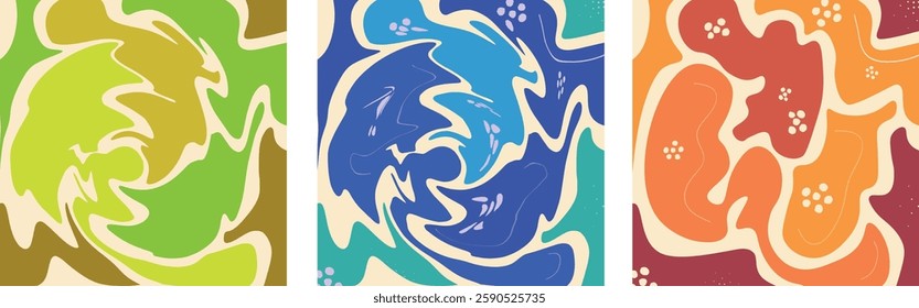 Three squares of different colors with a swirl pattern. The colors are green, blue, and orange
