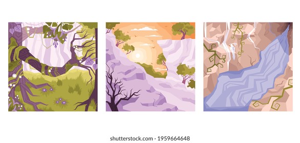 Three squares landscape flat icon set with vines in the jungles sunset or sunrise and river vector illustration