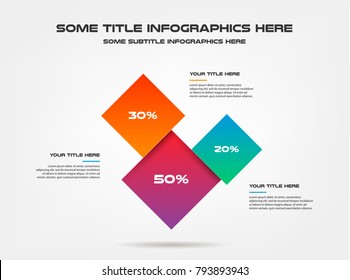 Three squares of percentage infographics. Element of chart, graph, diagram with 3 options - parts, processes, timeline. Vector business template for presentation, workflow layout, annual report