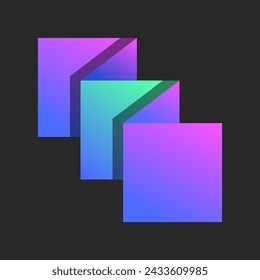 Three squares surfaces logo made of folded paper in colorful gradient, layers geometric shapes in origami style. Conceptual symbol featuring 3 areas, levels, and shadows.