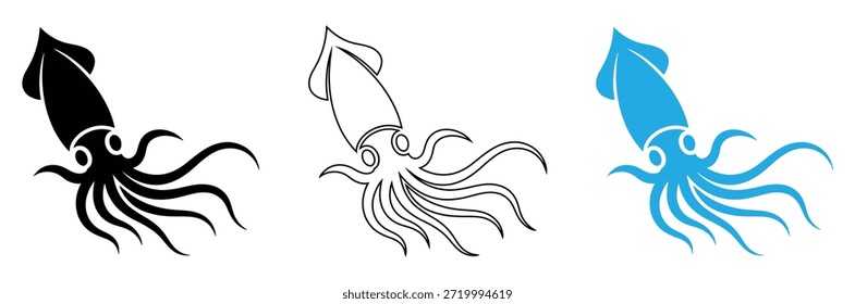 Tres ilustraciones de calamar en colores negro, blanco y azul, calamar, pulpo y sepia en iconos y símbolos, Vector, diseño de Vector de ilustración de silueta de calamar.