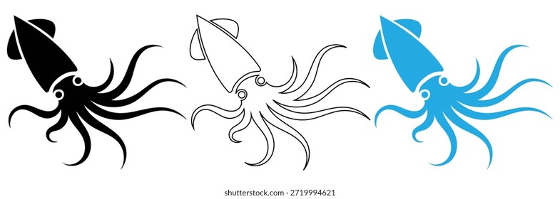 Tres ilustraciones de calamar en colores negro, blanco y azul, calamar, pulpo y sepia en iconos y símbolos, Vector, diseño de Vector de ilustración de silueta de calamar.