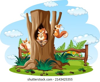 Three squirrels eating nuts in hollow illustration