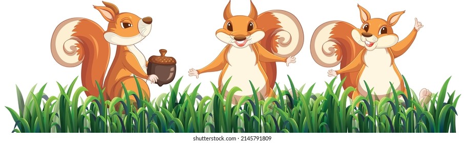 Three squirrels in the garden illustration