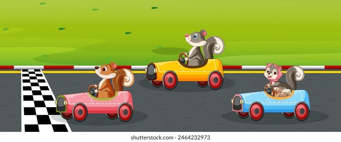 Three squirrels racing in colorful toy cars