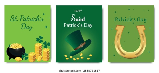 Three St. Patrick's Day cards featuring gold coins, a leprechaun hat, a pot of gold, shamrocks, and a golden horseshoe	