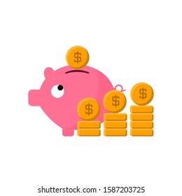 Three stack of coins with piggy bank. Concept of saving money. Flat illustration. Isolated. 
