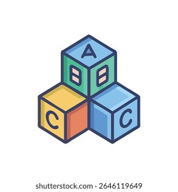Três blocos do alfabeto ABC empilhados, estilo gráfico com cores primárias, isolados no plano de fundo preto. Conceito educacional.
