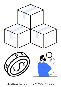 Three stacked boxes, a dollar coin, and a person with a headset hold a magnifying glass. Ideal for themes such as e-commerce, logistics, customer support, delivery services, online shopping, package