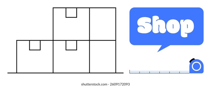 Three stacked boxes are shown next to a blue shop sign and a measuring tape. Ideal for delivery services, e-commerce, packaging, retail, and logistics. Simple modern style