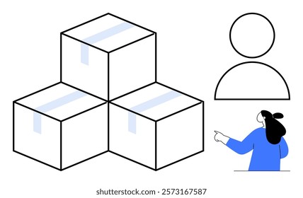 Three stacked boxes with tape, a person in blue pointing, and a simple user icon. Ideal for logistics, delivery services, inventory management, e-commerce, and warehouse operations. Simple abstract