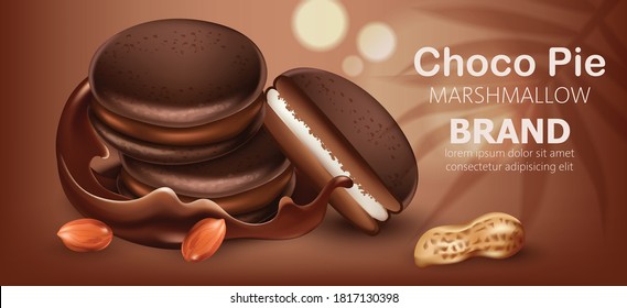 Three stacked choco pies with marshmallow surrounded by flowing chocolate and peanuts. Realistic. 3D mockup product placement. Place for text. Vector