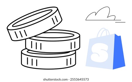 Three stacked coins beside a blue shopping bag featuring a white letter S and a simple cloud outline. Ideal for e-commerce, online shopping, financial transactions, retail, and economic growth