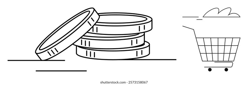 Three stacked coins beside a shopping cart. Ideal for E-commerce, shopping, investments, savings, financial management. Black and white linear style