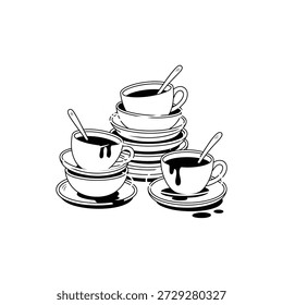 Tres tazas apiladas de café en platillos con cucharas