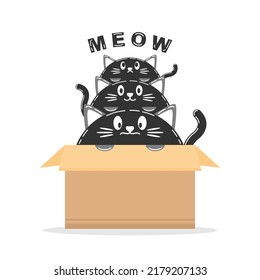 Three stacked cute black cat in paper crate box funny cartoon character with text meow flat vector design.