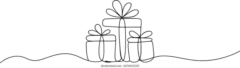 Tres cajas de regalo apiladas con arcos se dibujan con una sola línea negra continua sobre un fondo blanco.