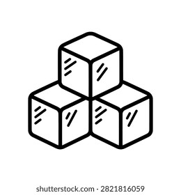 Three stacked ice cubes with faceted surface lines, black and white line art vector illustration