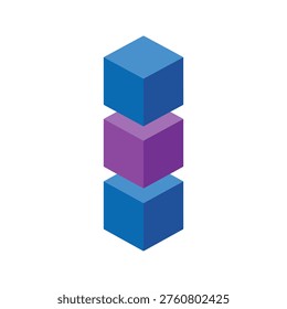 three stacked isometric cubes in blue and purple representing blockchain data structure layers digital technology concept for network storage database and software architecture