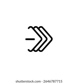 Three stacked monoline chevrons pointing right, symbolizing forward motion, sequence, or fast-forward. Isolated on a white background.