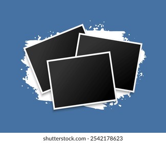 three stacked photo frames on blue background design