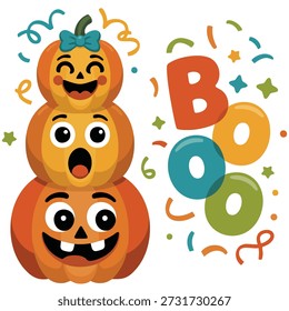 Tres calabazas apiladas con burbujas de discurso de abucheo Ilustración vectorial