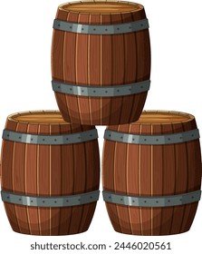 Three stacked wooden barrels with metal bands.